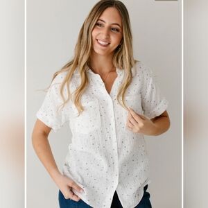 The Main Street Exchange Women's Floral Cotton Gauze Button Down White Top